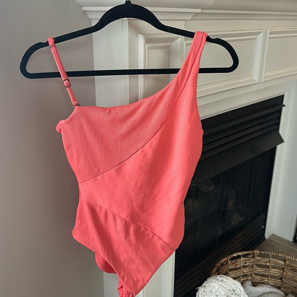 BECCA Coral One-Shoulder Ribbed Swim One-Piece
